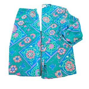 Vintage Encore Hong Kong 100% Silk Skirt Suit Set M 8-10 Teal Pink Floral